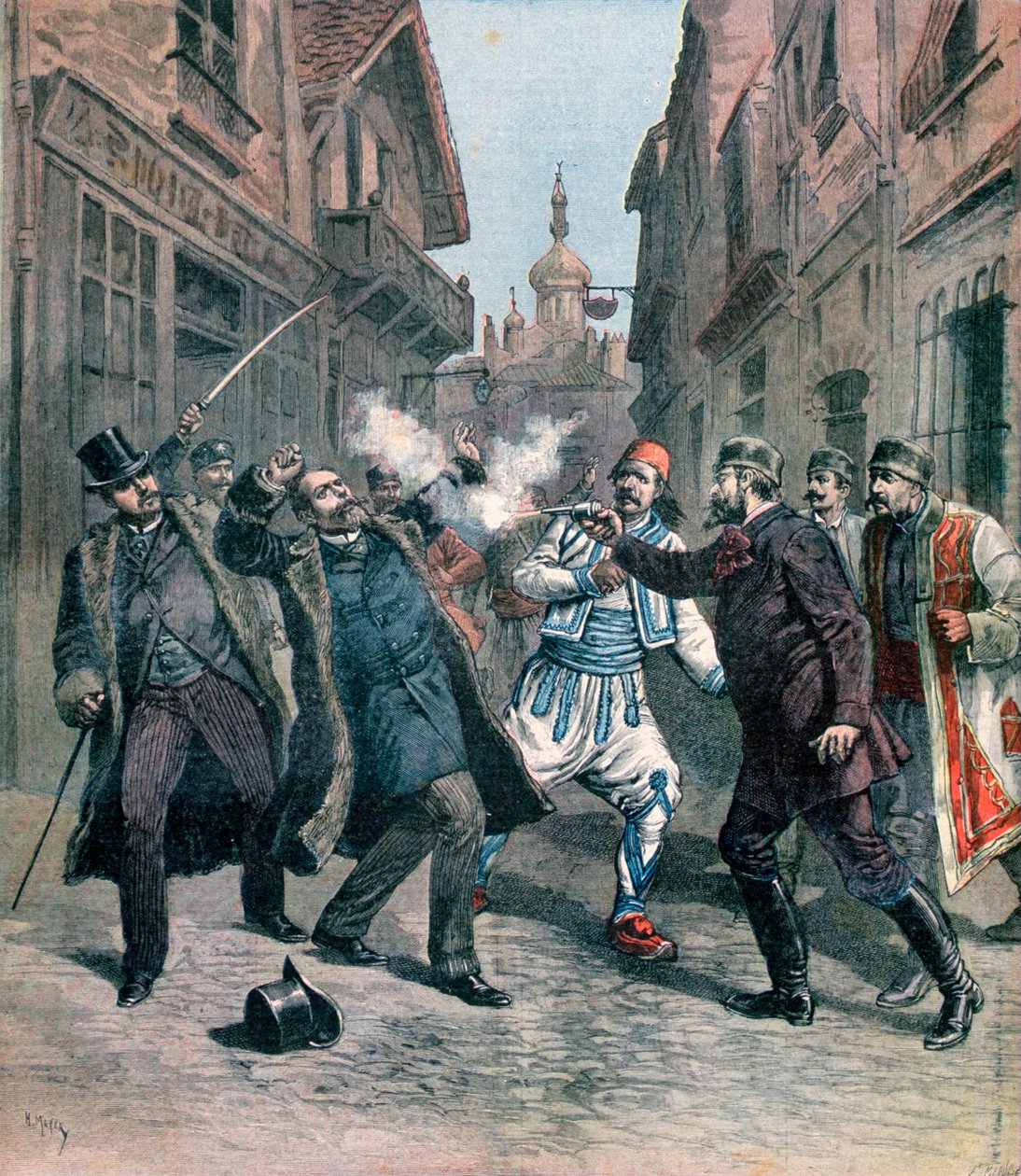 M Beltchef meggyilkolása Stambouloff úr jelenlétében, Bulgária, 1891 alkotó: Henri Meyer
