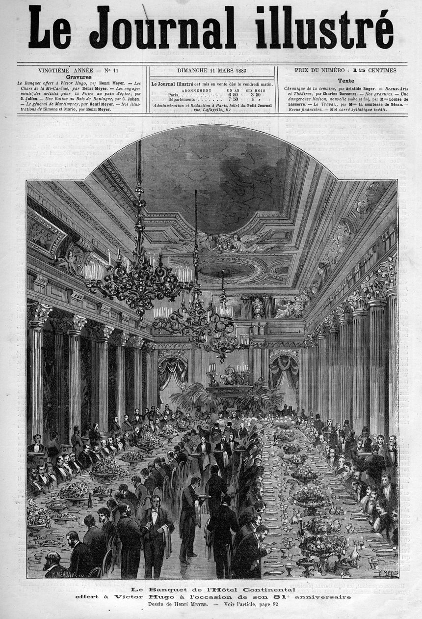 Bankettet ajánlottak fel Victor Hugónak a Hotel Continentalban 81. születésnapjára 1883-ban - Az 1883-as „The Illustrous Journal” címlapja – Henri Meyer (1844-1899) rajza alkotó: Henri Meyer