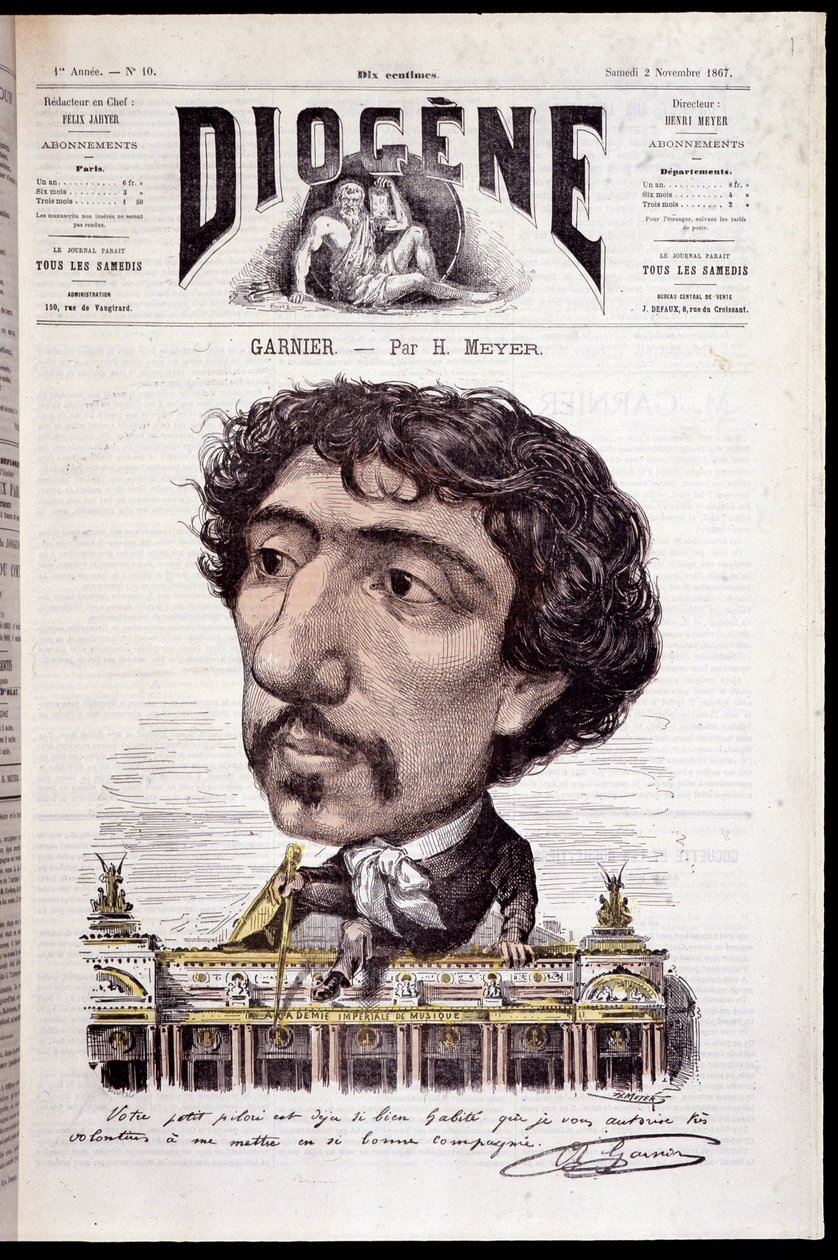 Karikatúra Charles Garnier-ről, aki művén, az Opera Garnier-n ül - a „Diogenész” című filmben 1867.11.02. alkotó: Henri Meyer