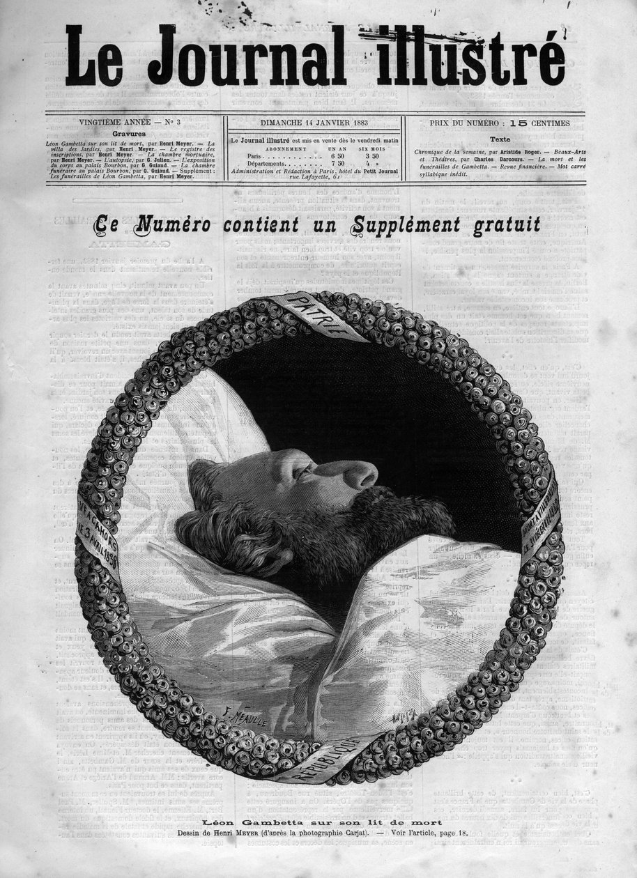 Leon Gambetta (1838-1882) francia politikus halála – Leon Gambetta halálos ágyán az 1883-as „The Illustrous Journal”-ban – Henri Meyer (1844-1899) rajza alkotó: Henri Meyer