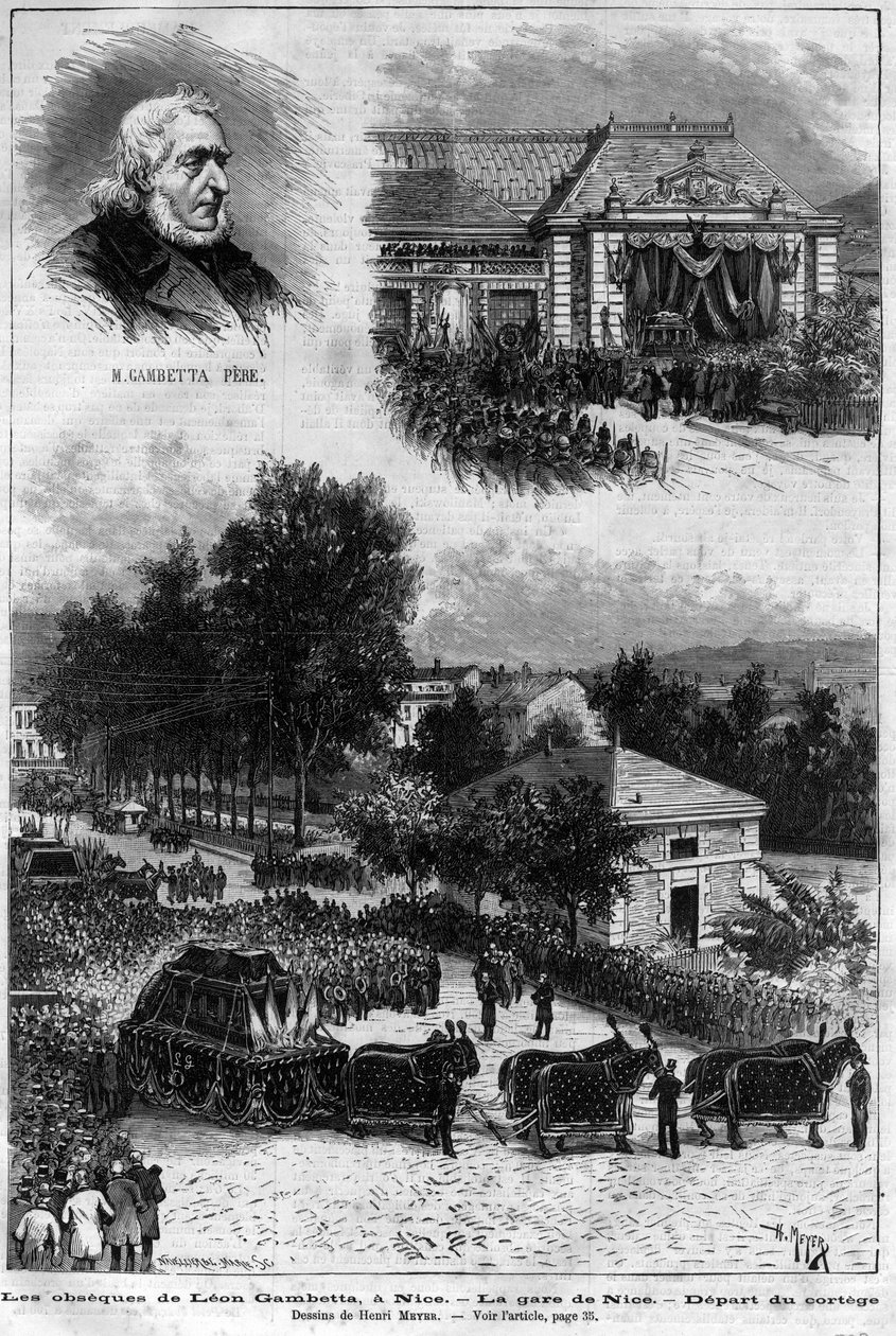 Leon Gambetta (1838-1882) francia politikus halála - Leon Gambetta temetése Nizzában - Nizzai vasútállomás - a körmenet indulása - az 1883-as "" Le journal illustrious" -ban - Henri Meyer (1844-1899) rajza alkotó: Henri Meyer