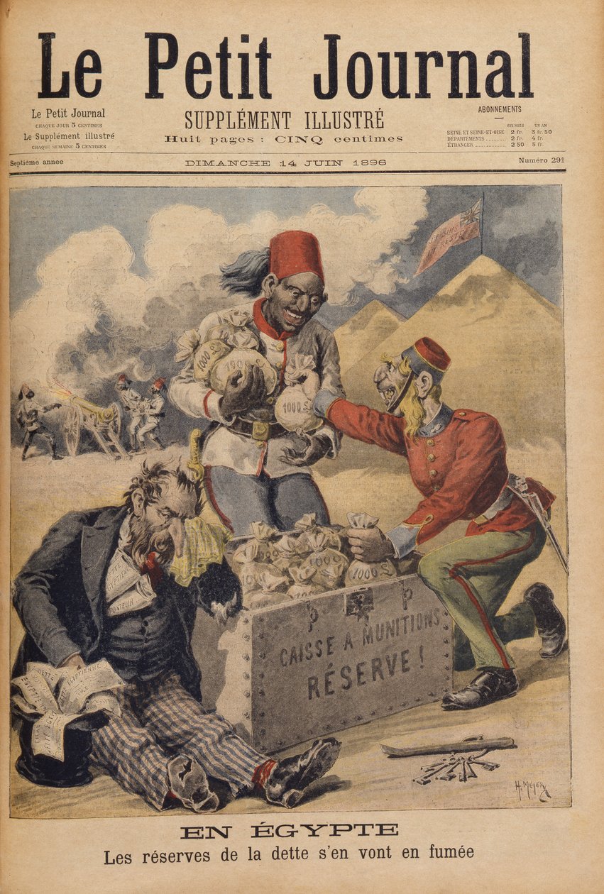 Egyiptom: Az adósság tartalékai füstben, illusztráció a Le Petit Journalból, 1896. június 14. alkotó: Henri Meyer