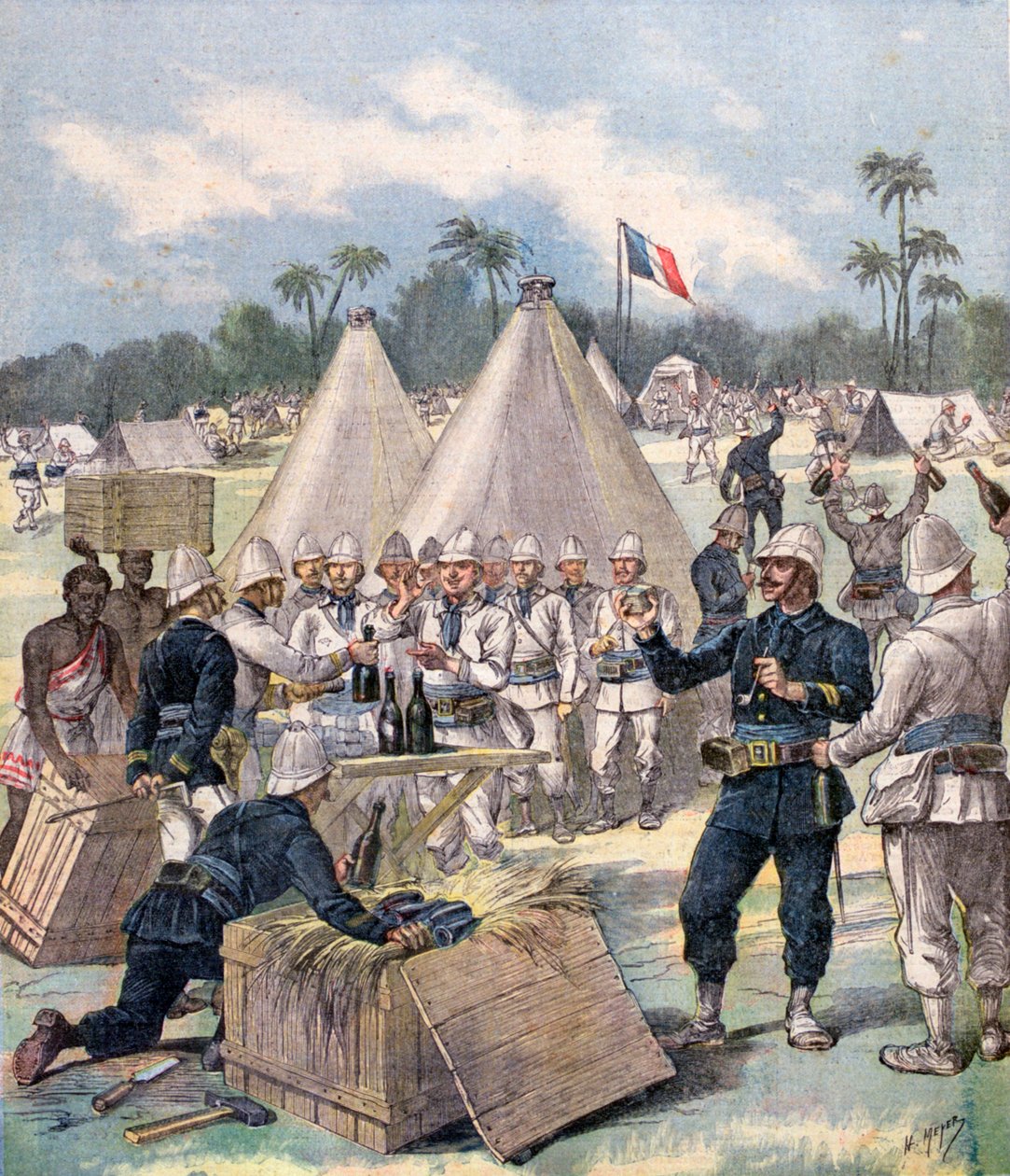 Francia katonák újévi ajándékdobozokat nyitnak ki Dahomeyben, Afrikában, 1892 alkotó: Henri Meyer