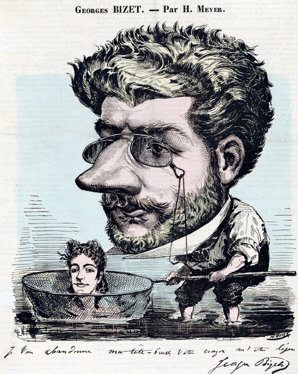 Georges Bizet (1838-1875), francia zeneszerző – karikatúra, Bizet autogramjával, Henri Meyer dit Reyem (1844-1899) a „Diogene”-hez” alkotó: Henri Meyer