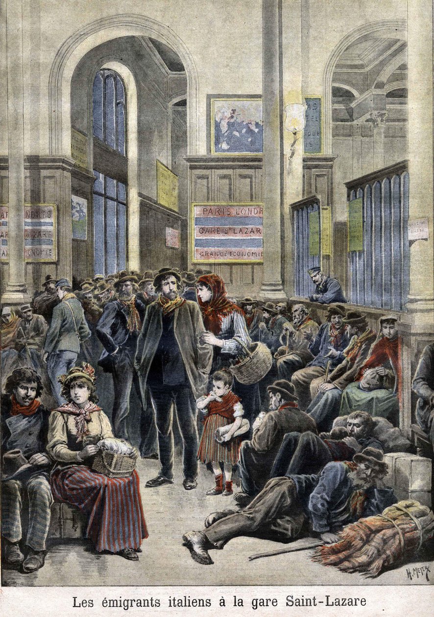 Olasz emigránsok a Szent Lázár (Szent Lázár) állomáson (Szent Lázár) - a "The Petity Journal" című lapban, 1896. március alkotó: Henri Meyer