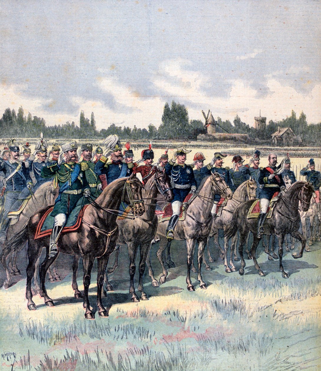 Katonai szemle Saussier tábornokkal és külföldi katonai attasékkal, 1891. július 14. alkotó: Henri Meyer