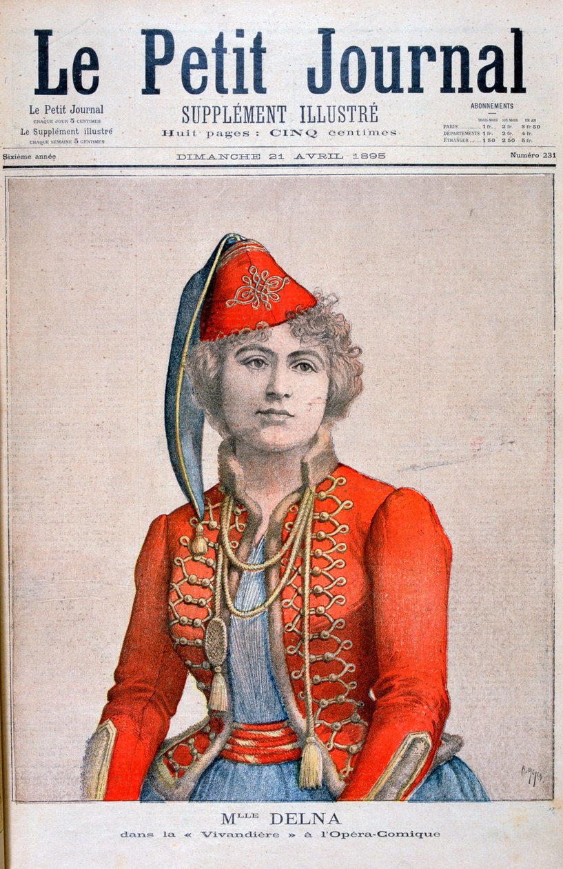 Mlle Delna, egy vivandiere-t alakít a komikus operában, La Vivandiere, 1895 alkotó: Henri Meyer