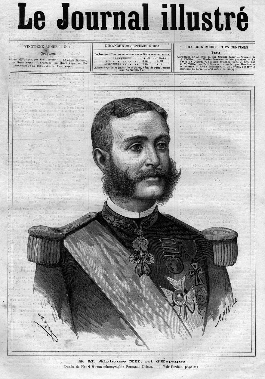 XII. Alfonz spanyol (Alphonse XII) (1857-1885), spanyol király portréja – A „The Illustrous Diary” címlapja 1883-ból – Henri Meyer (1844-1899) rajza alkotó: Henri Meyer