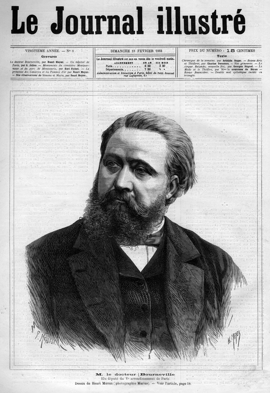 Desire Magloire Bourneville (1840-1909), francia neurológus orvos portréja – Az 1883-as „” Le Journal illustrious” címlap – Henri Meyer (1844-1899) rajza alkotó: Henri Meyer