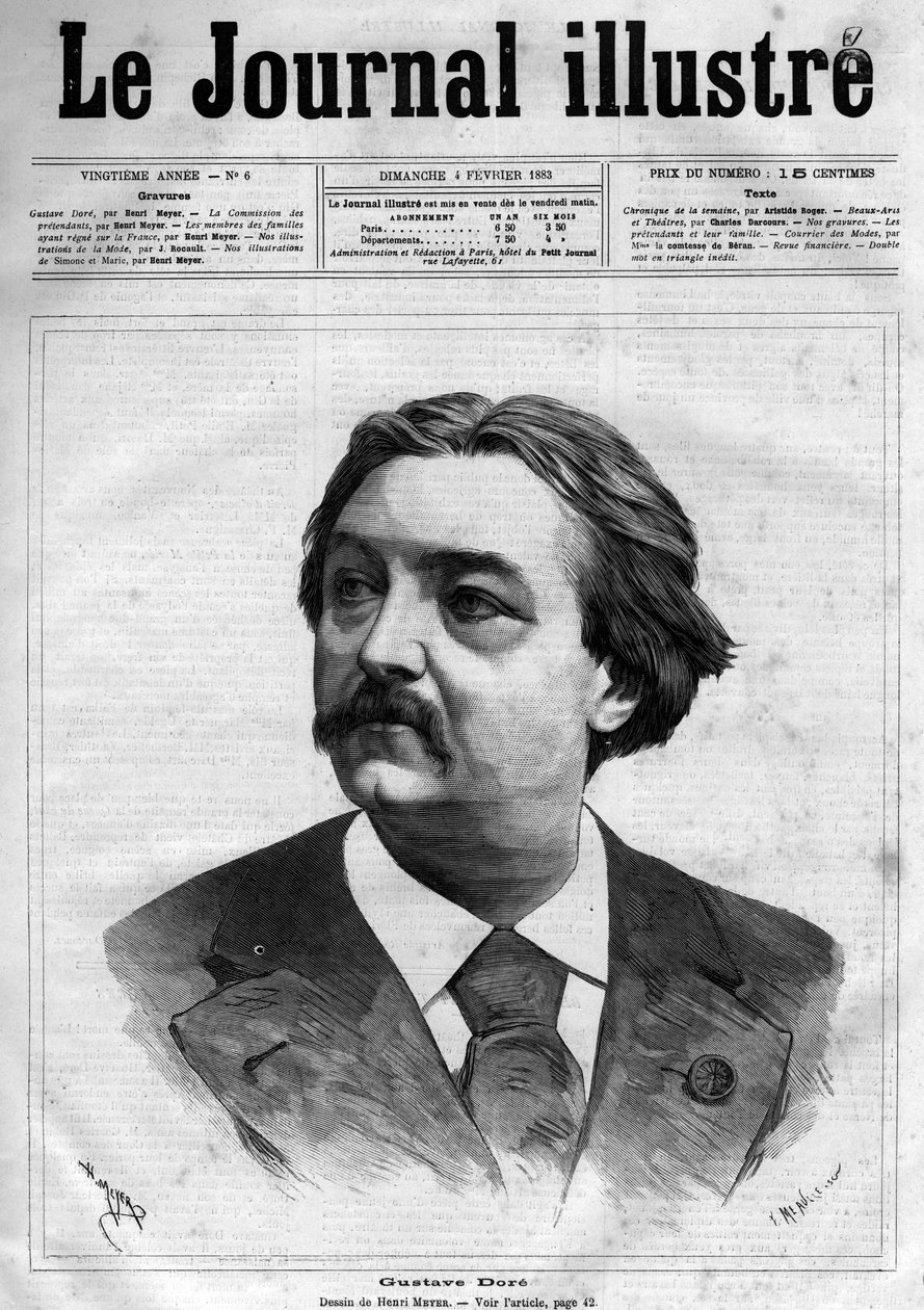 Gustave Dore (1832-1883), francia festő és karikaturista portréja – Az 1883-as „The Illustrious Journal” címlapja – Henri Meyer (1844-1899) rajza alkotó: Henri Meyer