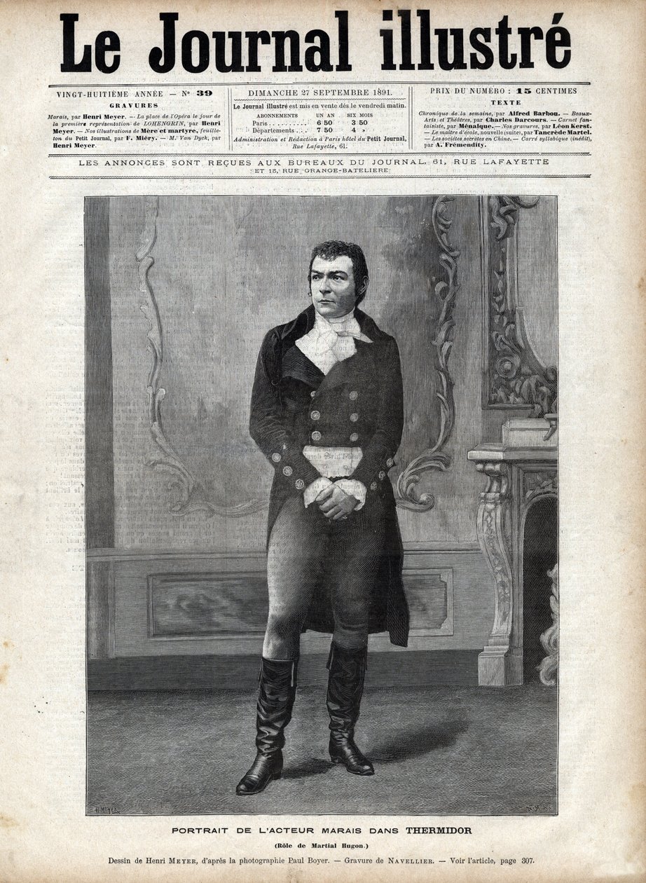 Leon Marais (1853-1891) portréja a „Thermidor”-ban, viktoriánus Sardou Martial Hugon szerepében – Henri Meyer rajza, Navellier metszete az 1891-es „Thermidor”-ban alkotó: Henri Meyer