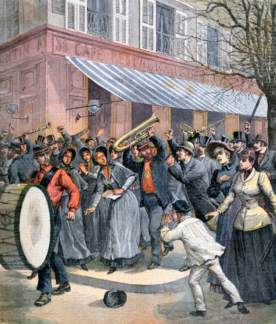 Az Üdvhadsereg felvonulása egy dobos vezetésével, akit bámészkodók laktanyába zártak Párizsban, 1892 alkotó: Henri Meyer