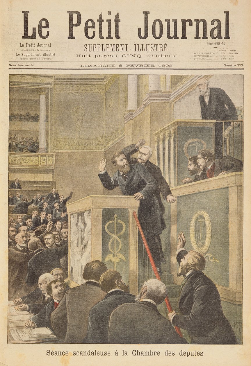 A képviselőház botrányos ülését ábrázoló címlap: Jean Jaures-t Bernis megtámadta a Dreyfus-ügyről szóló vita során, illusztráció a Le Petit Jou illusztrált mellékletéből alkotó: Henri Meyer