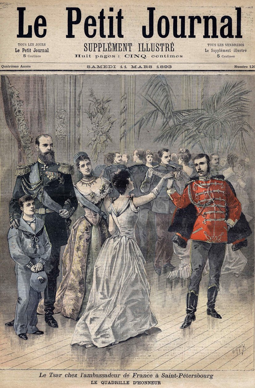 III. Sándor cár Franciaország nagyköveténél Montebello grófja Szentpéterváron 1893-ban. Becsületrács. A Le Petit Journal 1893 borítója (metszet) alkotó: Henri Meyer