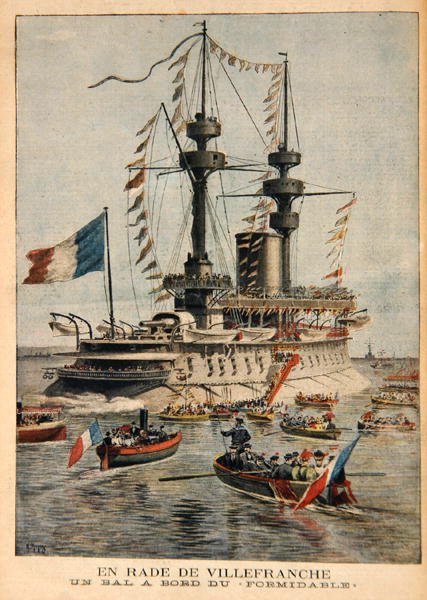 Villefranche Harbour, egy labda a Formidable fedélzetén, illusztráció a Le Petit Journalból, vésette P.H.G.V. Michel, 1896. március 1 alkotó: Henri Meyer