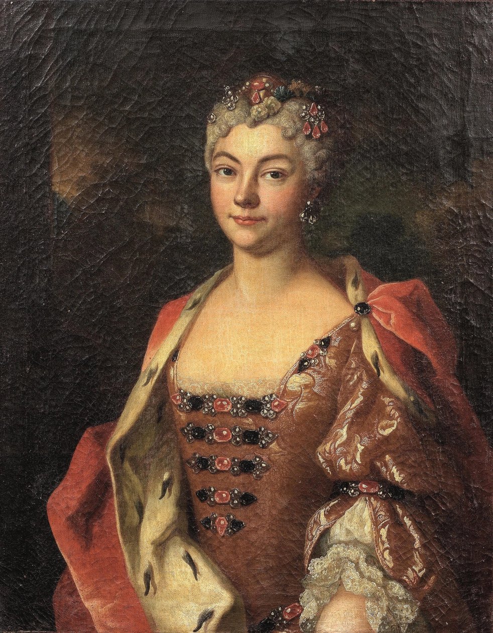 Nemesasszony portréja, félalakos, rózsaszín ruhában és hermelinszegélyes köntösben. alkotó: Henri Millot