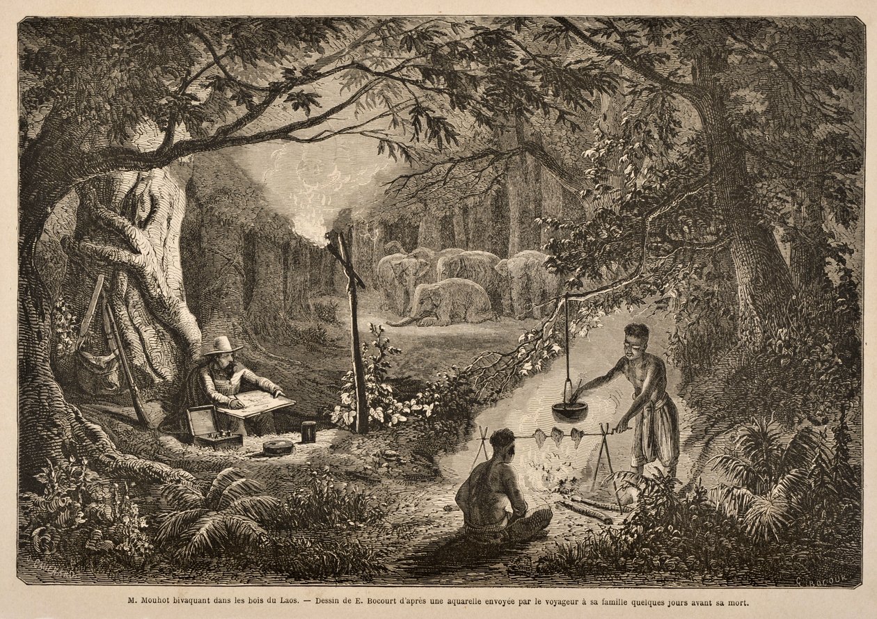Henri Mouhot kemping Laosz dzsungeleiben, M. Henri Mouhot „Utazások Indo-Kína (Siam), Kambodzsa és Laosz középső részein az 1858-as, 1859-es és 1860-as években” című művéből. alkotó: Henri Mouhot