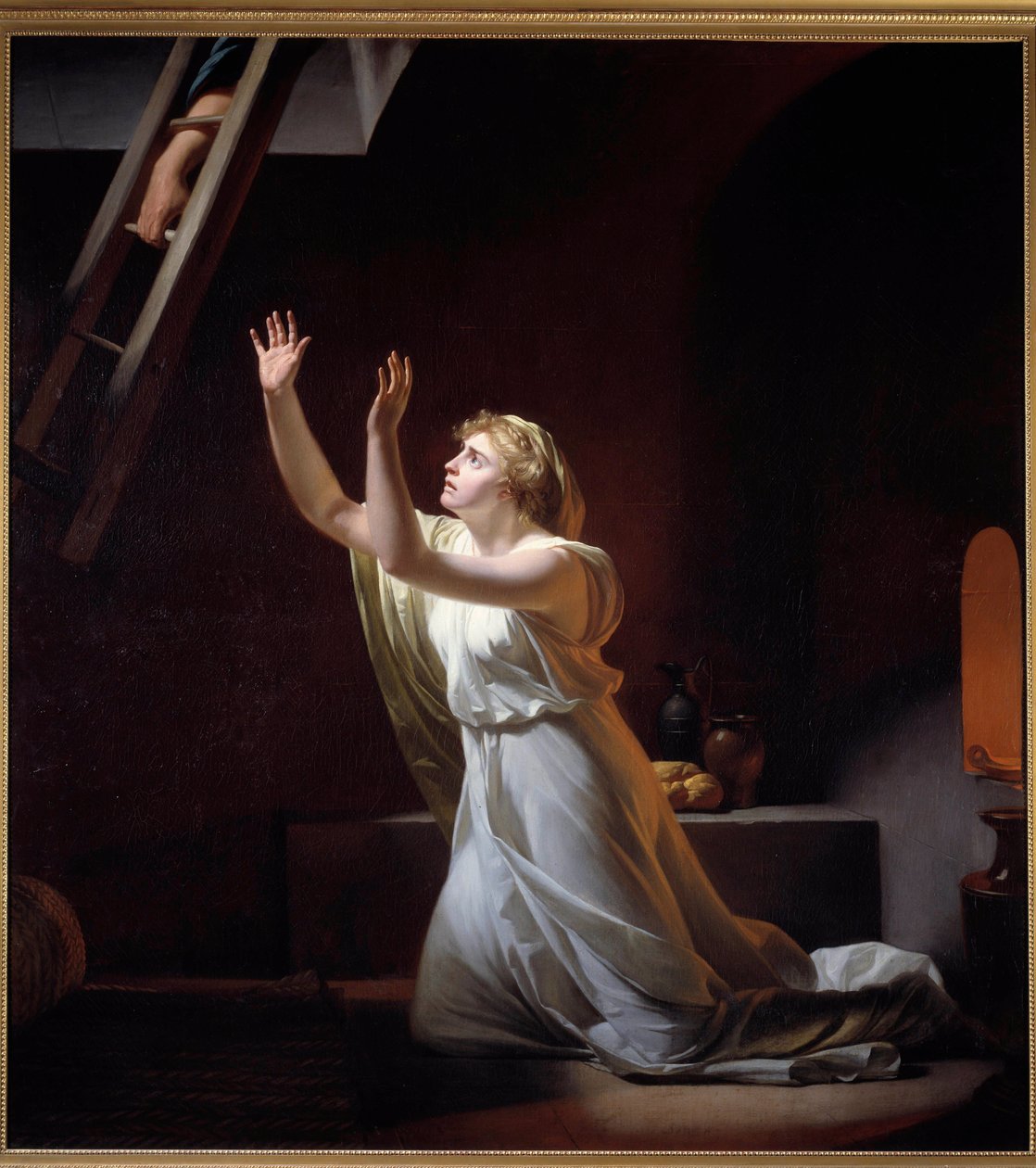 Egy vestal kínzása. Egy vestal, egy római pretress, akit a szűznek tartottak, élve beköltözött egy pincébe a vétke miatt. Henri Pierre Danloux (1753-1809) festménye 1790 V. 1,6x1,45 m - Egy vestal szűz kínzása. Egy vestal, római papnő, aki azért szőtt, hog alkotó: Henri Pierre Danloux