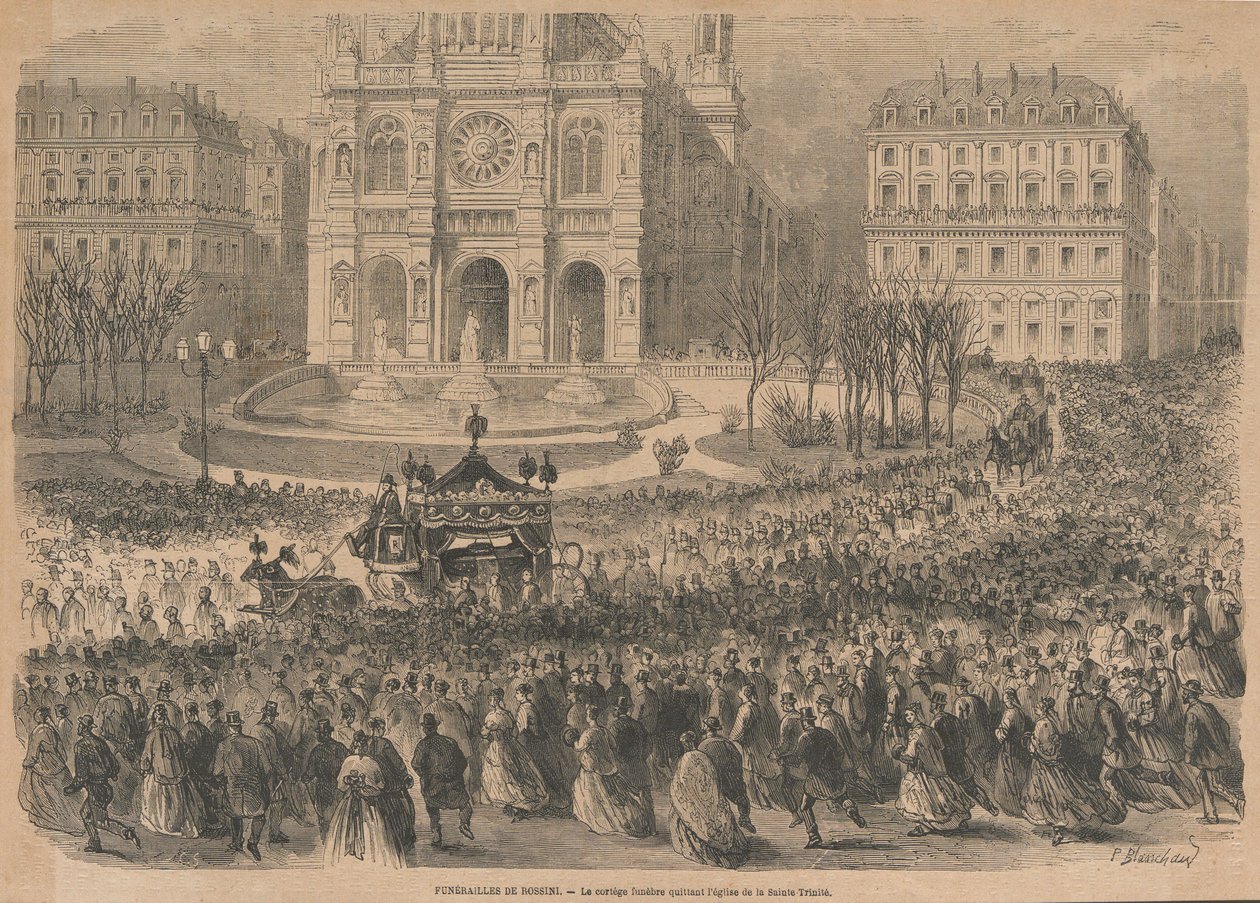 Gioacchino Rossini temetése. A gyászmenet elhagyja a templomot, 1868. alkotó: Henri Pierre Léon Pharamond Blanchard