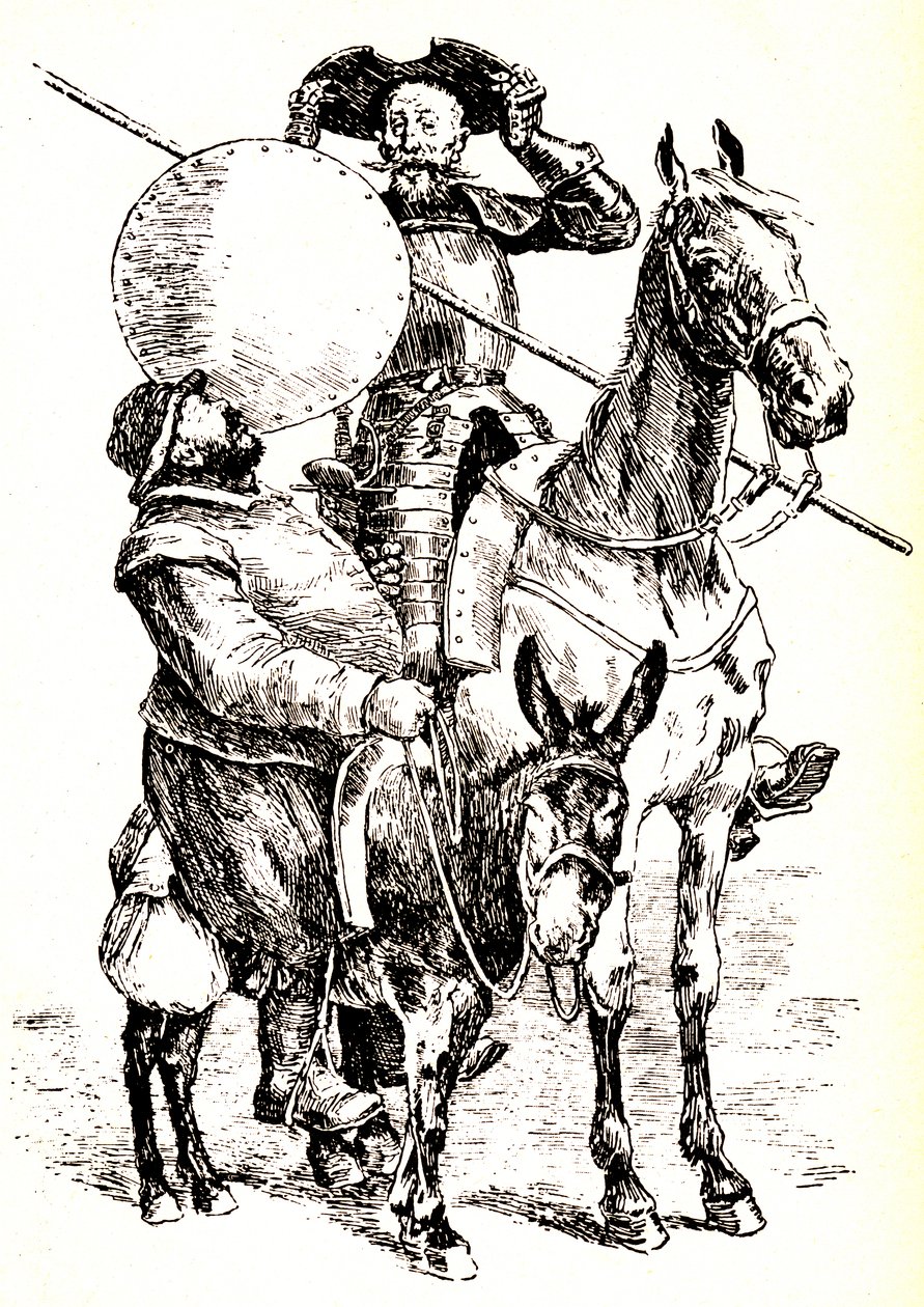 Don Quijote a lován, mellette Sancho a szamarán. alkotó: Henri Pille