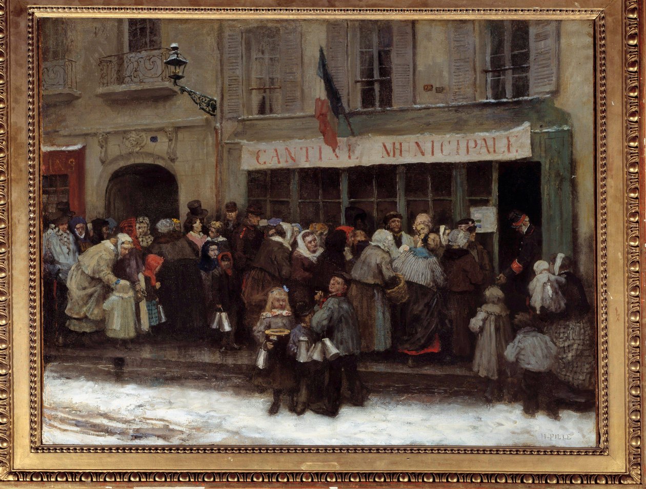 Városi étkezde az 1870-es párizsi ostrom idején, a város poroszok ostromának idején a párizsiak nyüzsögnek a városi kantin előtt. Henri Pille (1844-1897) festménye alkotó: Henri Pille