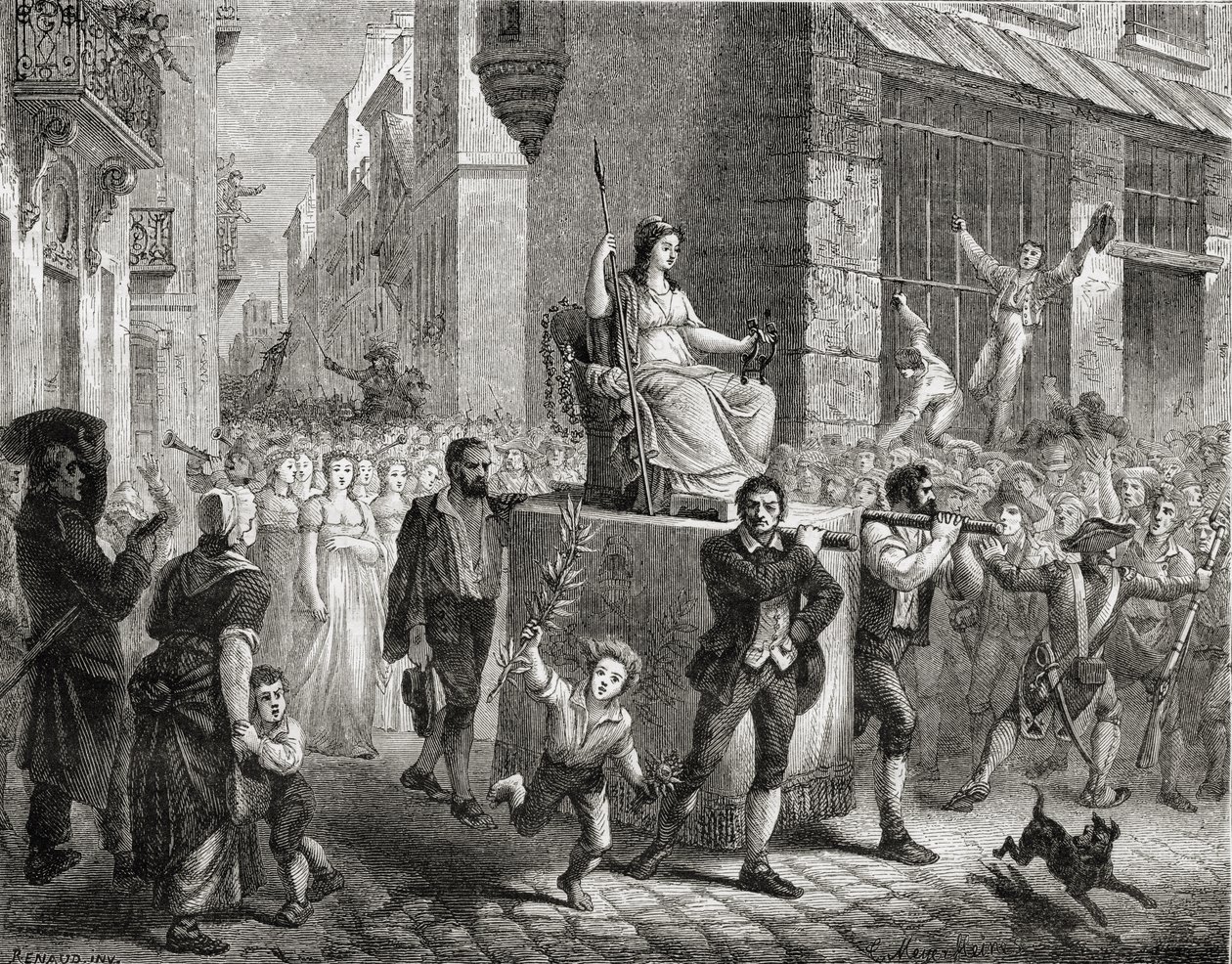 Az értelem istennőjének körmenete, 1793. november 10., Louis Blanc (1811-82) „Histoire de la Revolution Francaise” című művéből, Meyer-Heine metszetében, 1847-62 alkotó: Henri Renaud