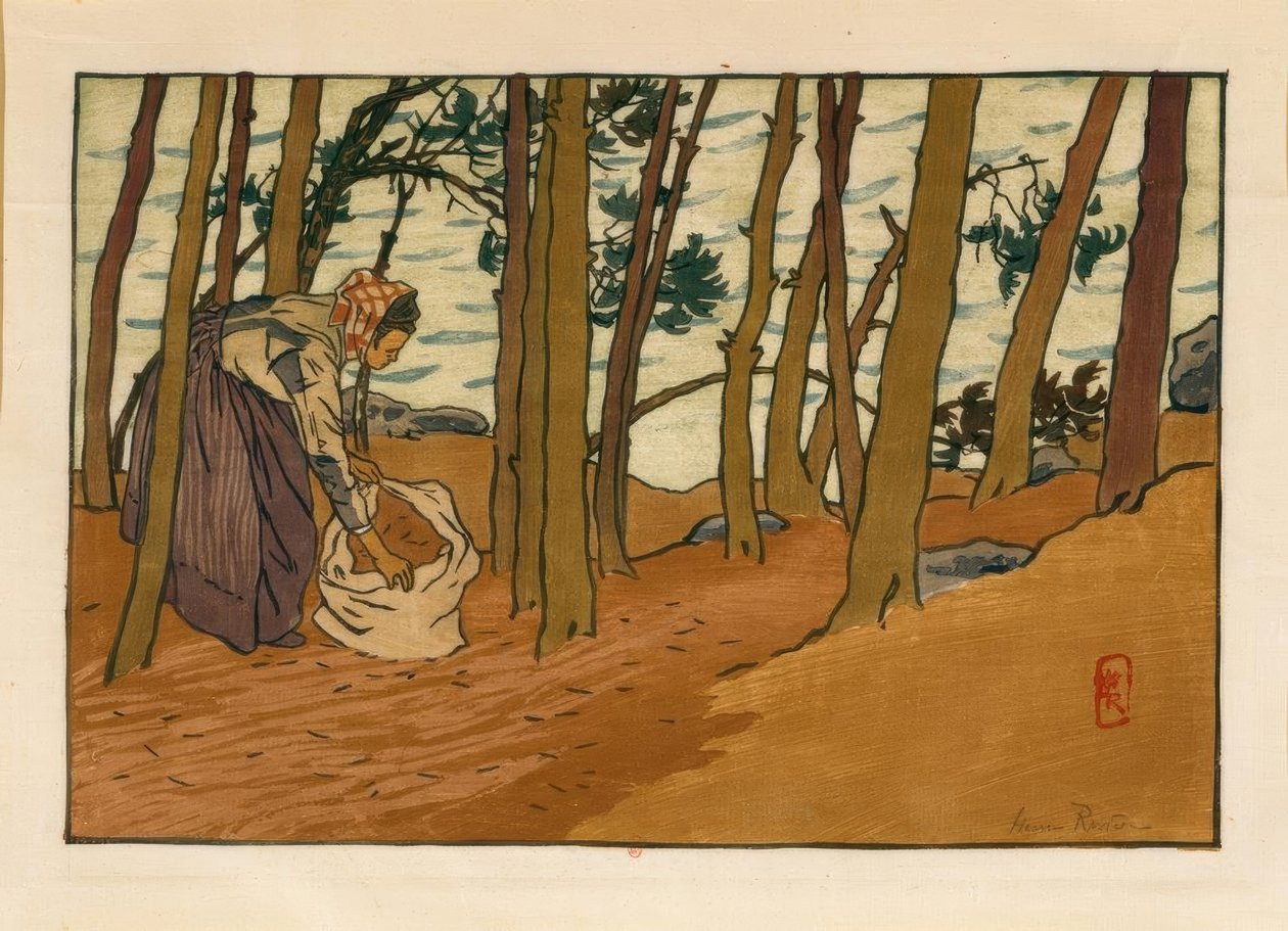 Fenyőtűt gyűjtő nő (Bords du Trieux, Loguivy) alkotó: Henri Rivière