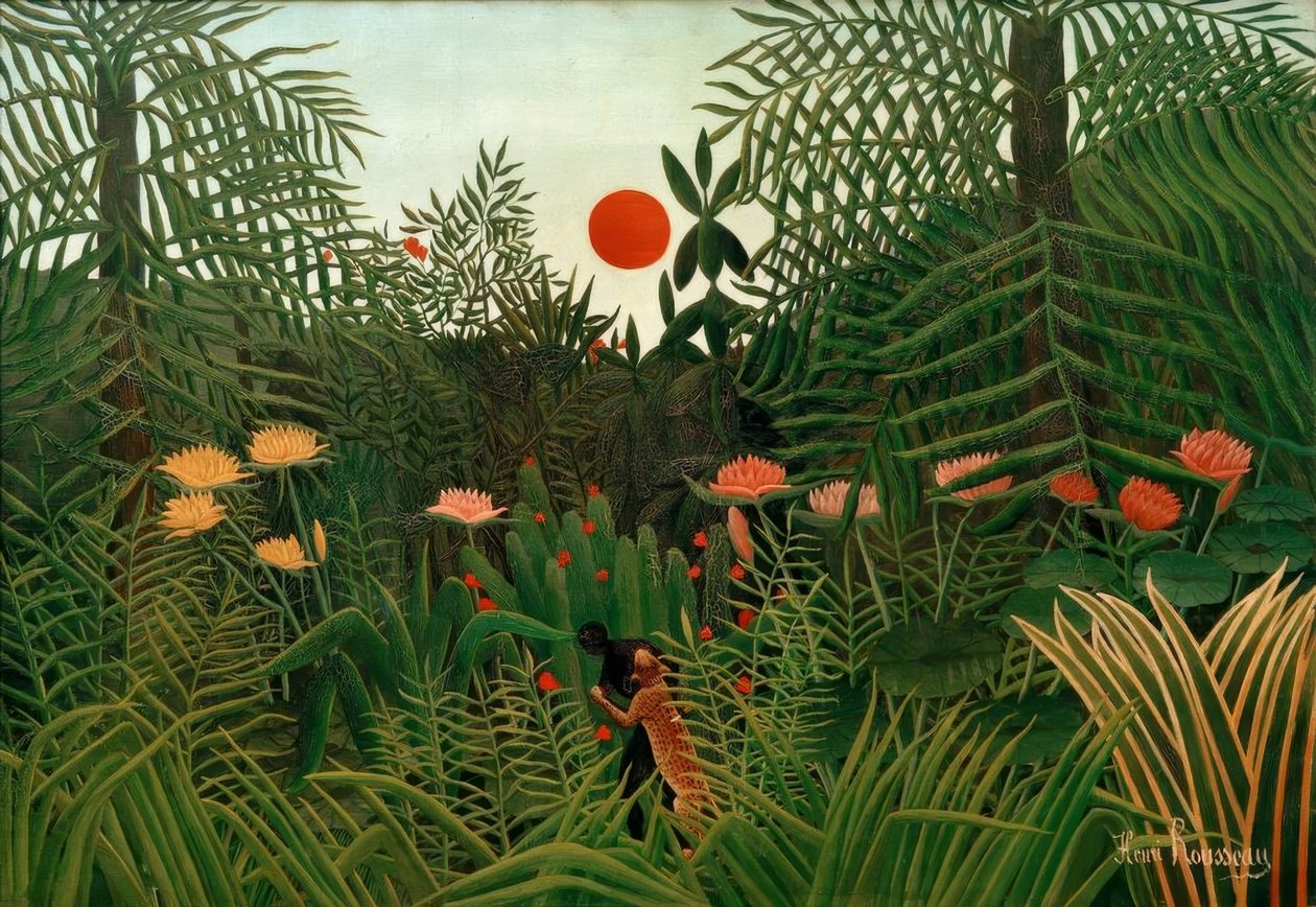 Szűz erdő naplementekor. Feketét megtámadta egy leopa alkotó: Henri Rousseau