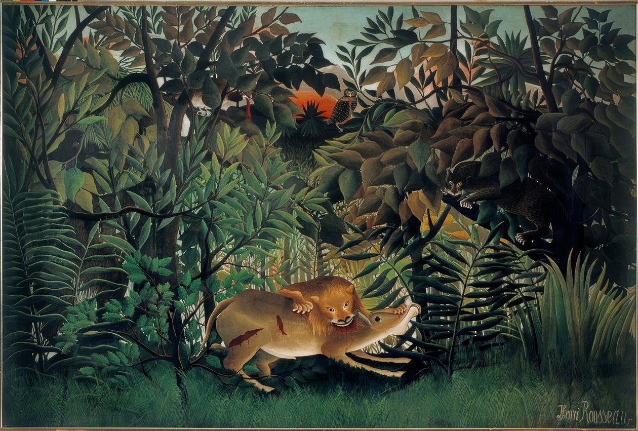 Az Oroszlán éhesen ráveti magát az Antilopra alkotó: Henri Rousseau