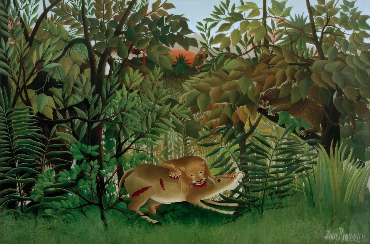 Az Oroszlán éhesen ráveti magát az Antilopra alkotó: Henri Rousseau