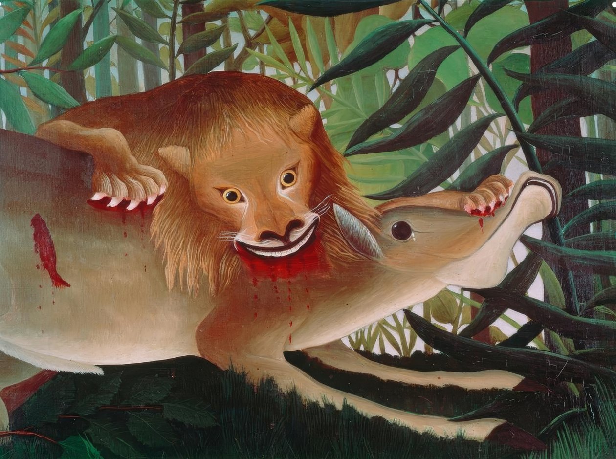 Az Oroszlán éhesen ráveti magát az Antilopra alkotó: Henri Rousseau