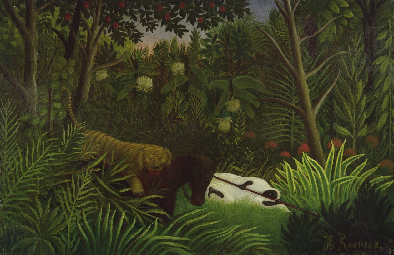A tigris megtámad egy lovat és egy alvó fekete embert alkotó: Henri Rousseau