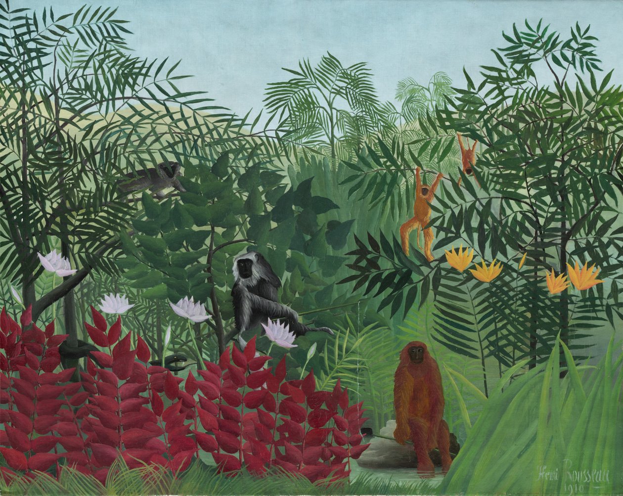 Trópusi erdő majmokkal, 1910. alkotó: Henri Rousseau