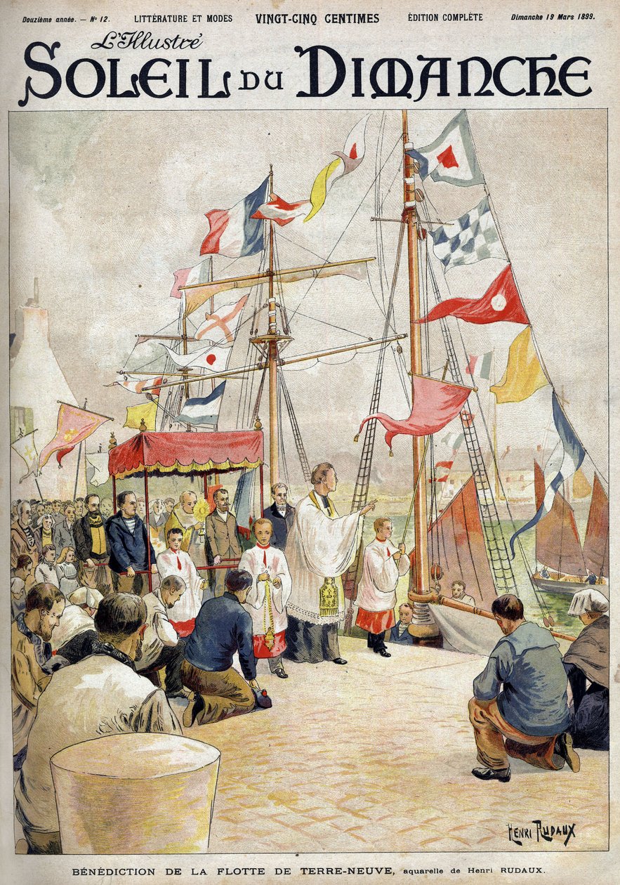 Az újfundlandi flotta áldása, Henri Rudaux. Metszet a „Le sun-du-dimanche”-ban, március 19 alkotó: Henri Rudaux