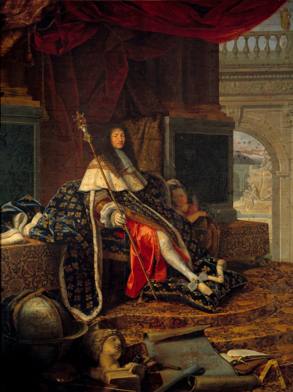 XIV. Lajos (1638-1715) francia király, a Királyi Festészeti és Szobrászati Akadémia védelmezőjének portréja V. Károly jogarával. Henri Testelin (1616-1695) festménye alkotó: Henri Testelin