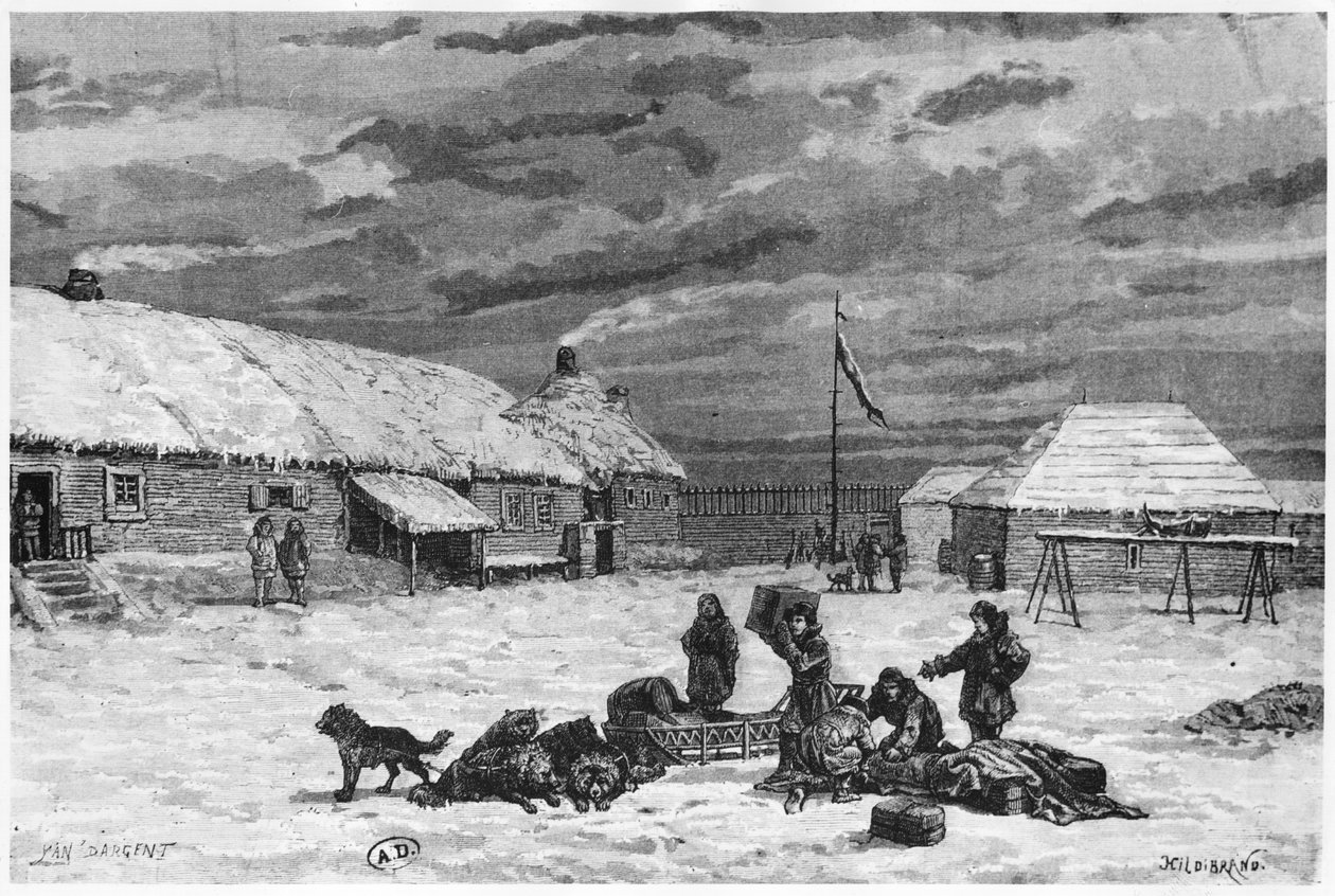 Szőrmekereskedelem Alaszkában, Fort Saint-Michel, 1867 alkotó: Henri Theophile Hildibrand