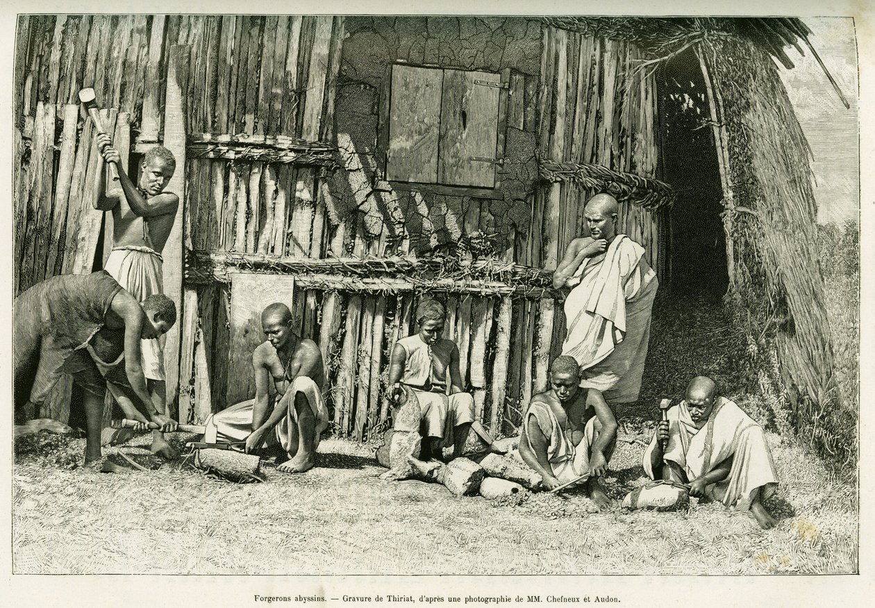 Abessine kovácsok. Thiriat metszet, fénykép után, a Voyage au Choa (Abyssinie meridionale) történet illusztrálására alkotó: Henri Thiriat