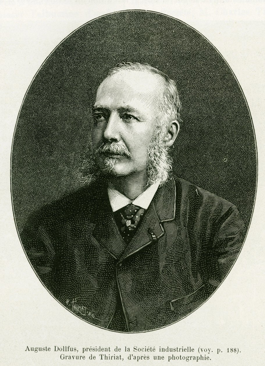 Auguste Dollfus, a Dollfus Mieg Ipari Vállalat elnöke. Thiriat metszete az Elzászon és Lotaringián keresztül című történet illusztrálására, Charles Grad német deputátor 1885-ben, a tour du monde 1886-ban, Edouard Charton (1807) irányításával alkotó: Henri Thiriat