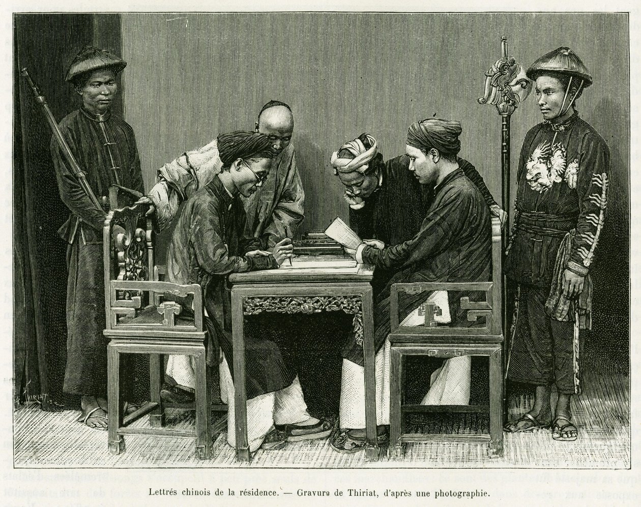 Kínai levelek a hanoi francia rezidenciáról. Thiriat metszet, fénykép után, a Trente mois au Tonkin című történet illusztrálására 1884-ben, Doctor Hocquard, in le tour du monde 1889, rendező: Edouard Charton (1807-1890), Hachette, Párizs. alkotó: Henri Thiriat