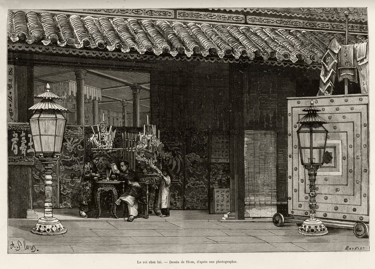 Dong Khanh király (1864-1889) Annam császára, otthona Hue birodalmi városában (Vietnam). Thiriat metszete Dr. Charles Edouard Hocquard (1853-1911) „Trente mois au Tonkin” című történetének illusztrálására, 1885-ben, a Le tour du monde, nouveau Journal de alkotó: Henri Thiriat