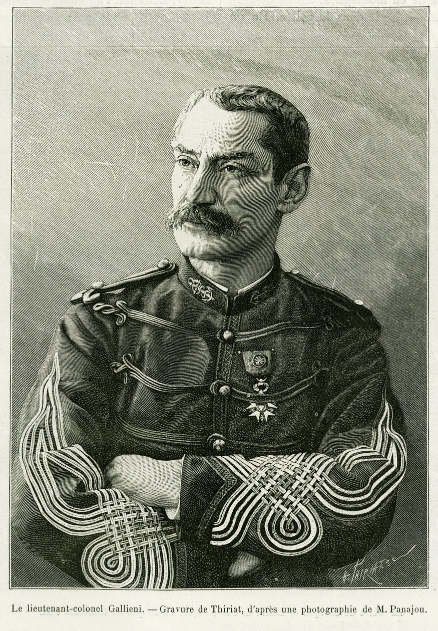 Gallieni József alezredes (1849-1916). Thiriat metszete a történet illusztrálására Két hadjárat Francia Szudánban alkotó: Henri Thiriat