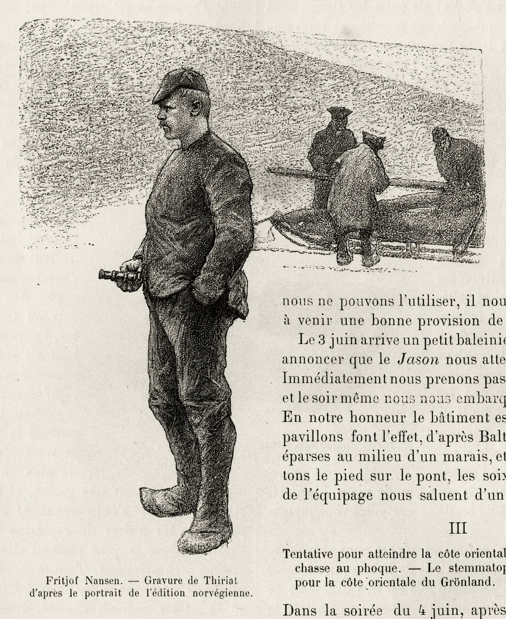 Fridtjof Nansen (1861-1930) norvég sarkkutató portréja. Thiriat metszet, Fridtjof Nansen (1861-1930) „" La premiere traversee du Greenland"" című történetének illusztrálására, 1888-ban, a Le tour du monde, Nouveau Journal des voyages, Edo szerkesztette. alkotó: Henri Thiriat