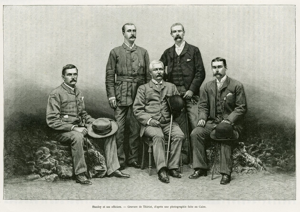 Henry Morton Stanley (John Rowlands 1841-1904) portréja balról veszi körül tisztjeit: Dr. Thomas Heazle Parke-t (1857-93), Robert H. Nelsont, William G. Stairst és Arthur J. M. Jephsont. Thiriat metszete a Dans les tenebr című történet illusztrálására alkotó: Henri Thiriat