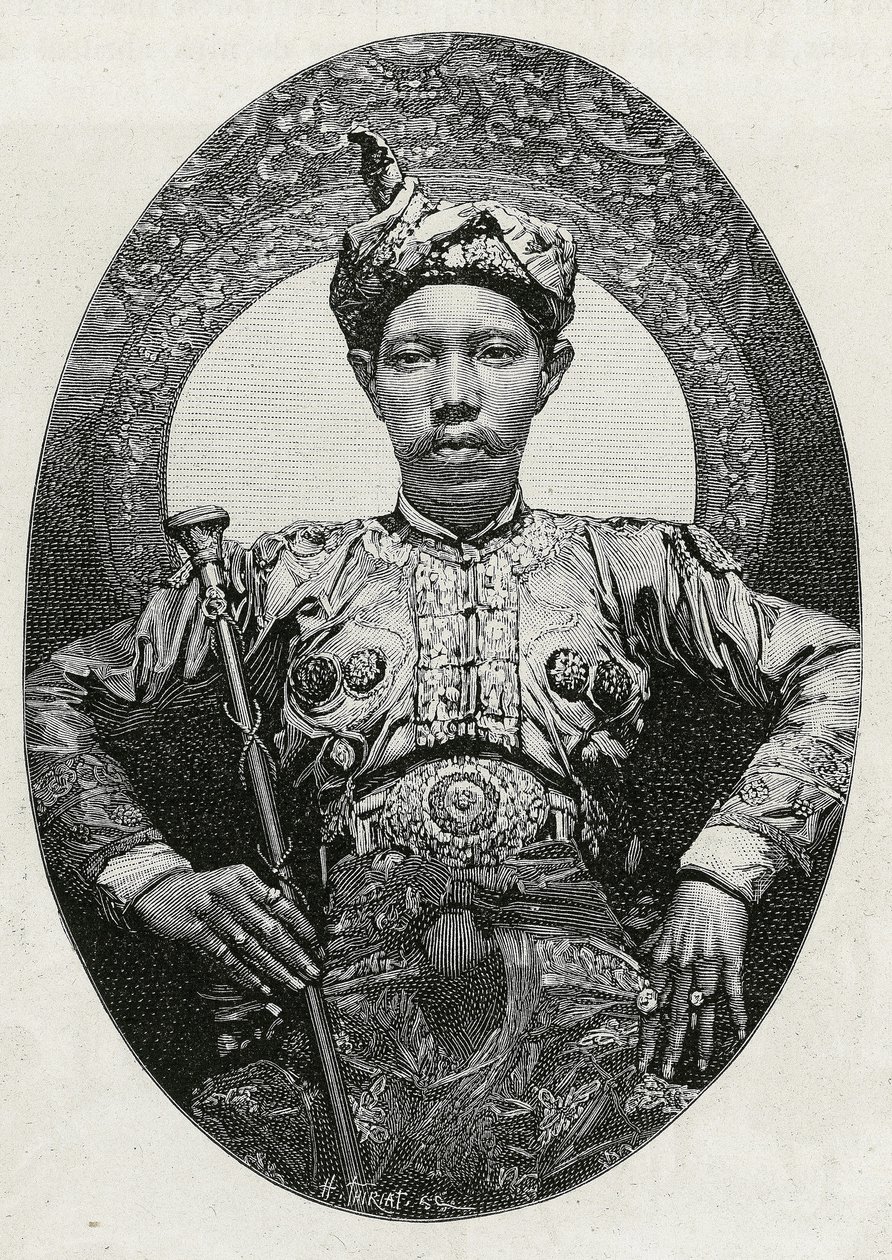 Mohammed Yamalul Alam, Soulou (vagy Sulu) (Fülöp-szigetek) szultánjának portréja 1880-ban. Thiriat metszet a „” Utazás a Fülöp-szigetekre” című történet illusztrálására. alkotó: Henri Thiriat
