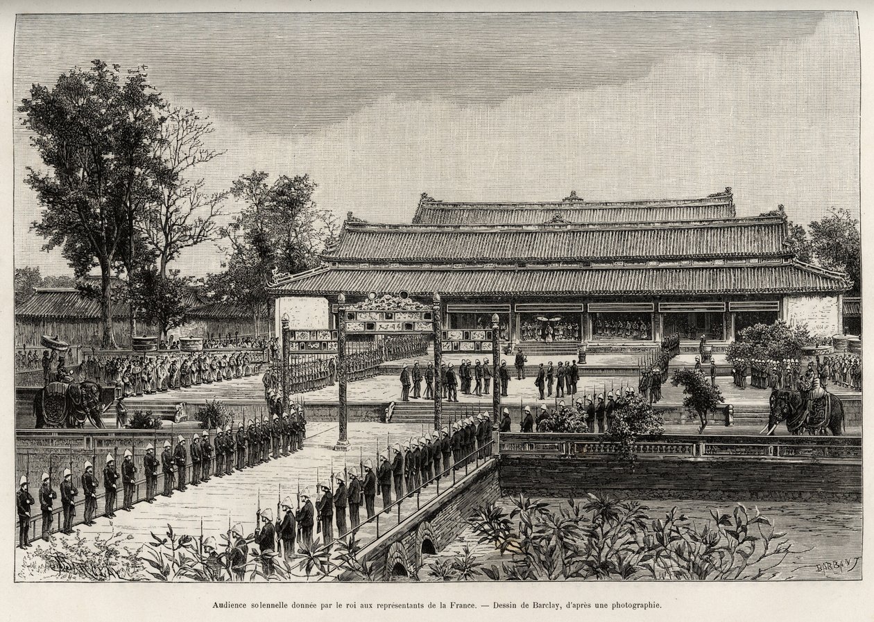 Dong Khanh király (1864-1889), Annam császára ünnepélyes audienciája Franciaország képviselőinek Hue (Vietnam) császárvárosban. Thiriat metszete Dr. Charles Edouard Hocquard (1853-191) „Trente mois au Tonkin” című történetének illusztrálására alkotó: Henri Thiriat