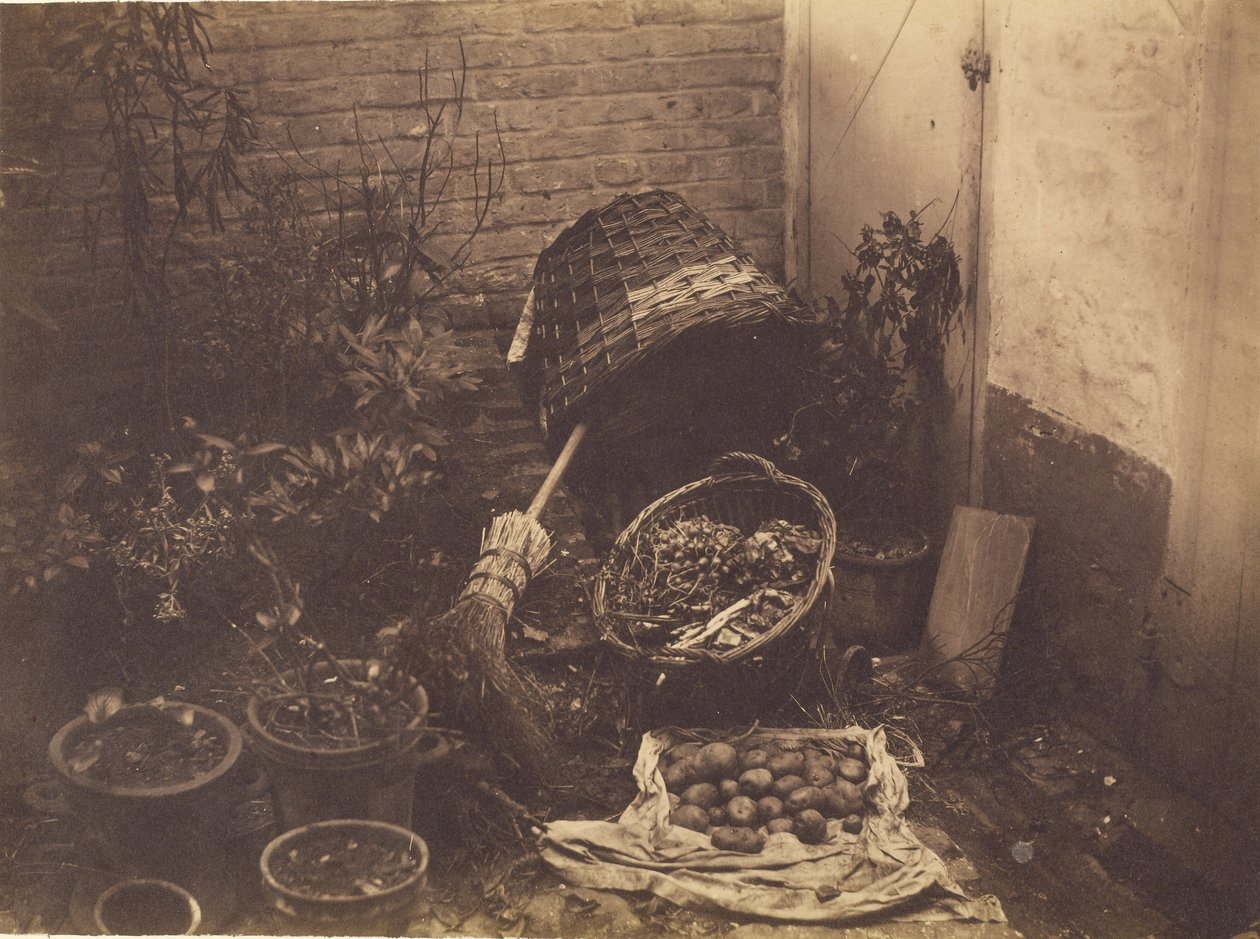 [Csendélet szalmakosarakkal, seprűvel, kibontott krumpliszsákkal és cserepes növényekkel] alkotó: Henri Victor Regnault