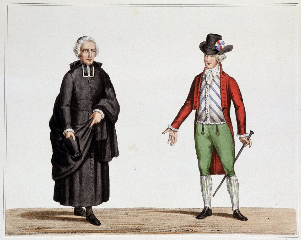 A klérus képviselője és egy divatos férfi 1789. szeptemberből – Gonosz litográfiája a francia forradalom és a birodalom történetét szolgáló jelmezek, fegyverek és bútorok gyűjteményéből, Horace de Viel Castel gróf, Canson kiadás alkotó: Henri Villain