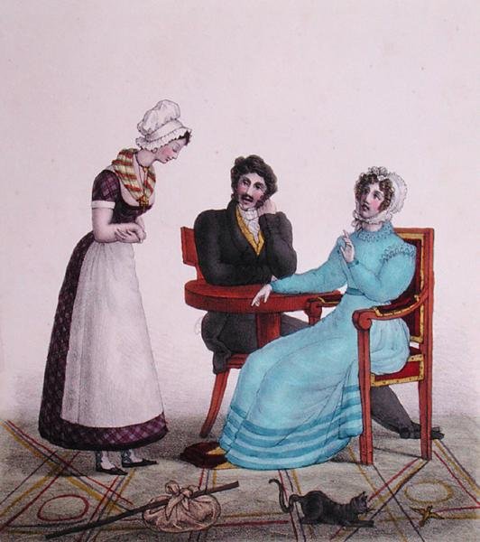 „És mindenekelőtt légy jó!”, karikatúra egy párról, akik a szobalányukkal beszélgetnek, mielőtt elmegy, 1820-30 körül (színes litó) alkotó: Henri Villain