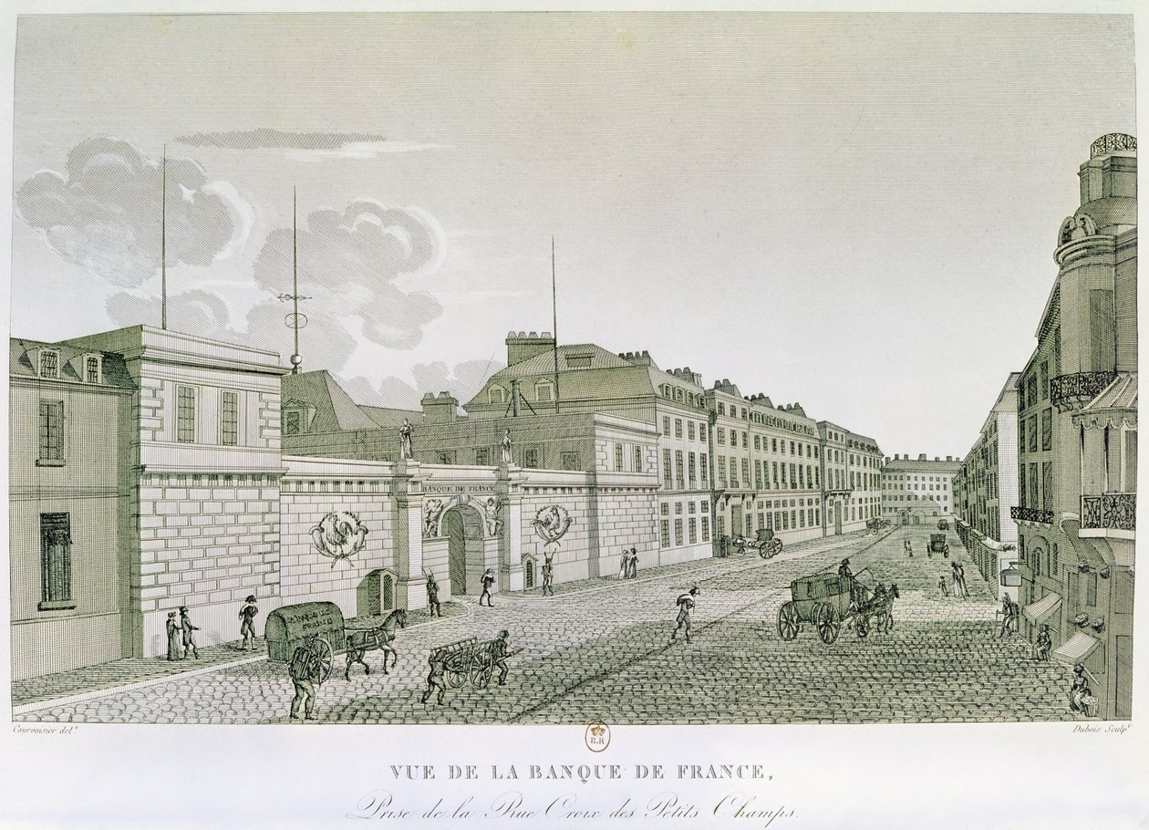 A Bank of France a Rue Croix-Petits-Champs utcáról, Eugene Dubois metszet, 1800 alkotó: Henri after Courvoisier Voisin