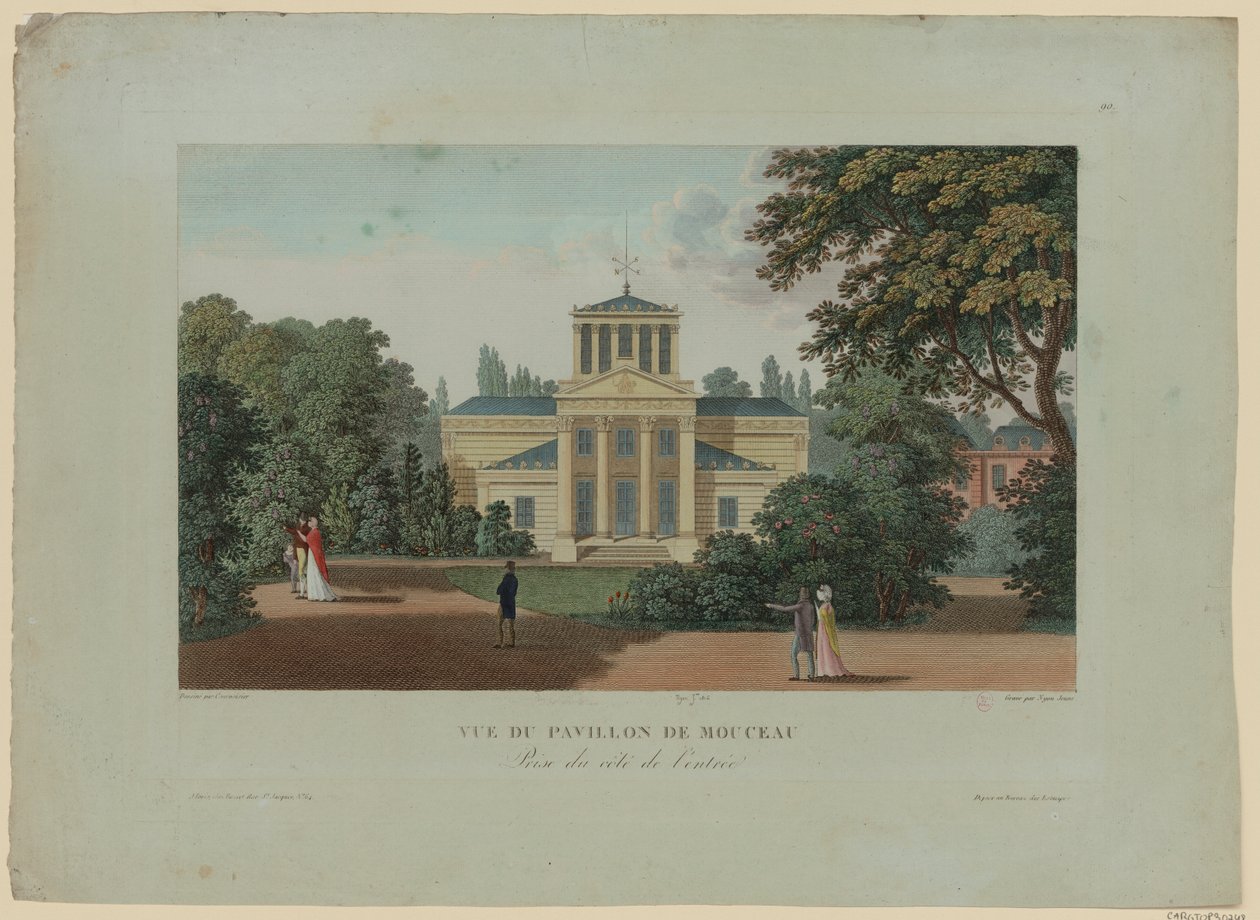 A Pavillon de Monceau látképe a bejárat felől, Nyon Jeune metszete, 1816 alkotó: Henri after Courvoisier Voisin